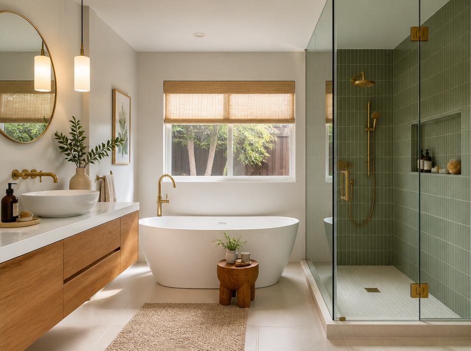 Luxury bathroom with freestanding tub and glass shower