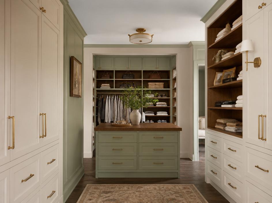 Custom built-in cabinetry and organized closet space